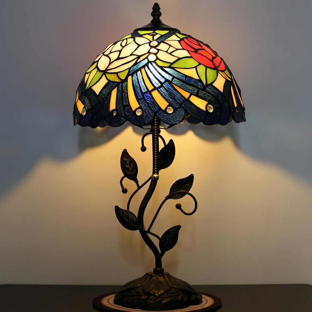 Tiffany Lamp Stained Glass Style Table Lamp Rose Style Bedside Desk Reading Light W12H19 Inch Metal Leaf Base with Metal Leaf Base
