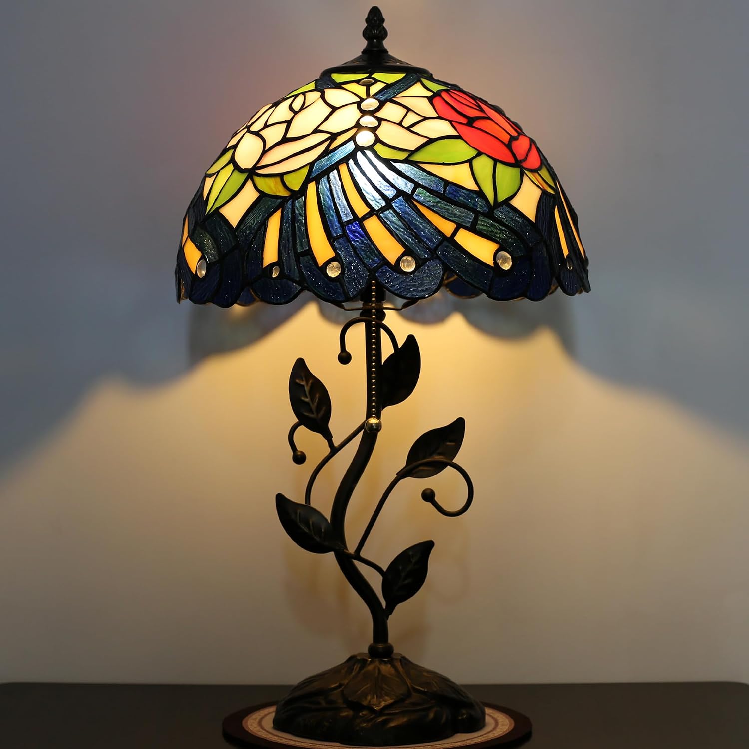 Tiffany Lamp Stained Glass Style Table Lamp Rose Style Bedside Desk Reading Light W12H19 Inch Metal Leaf Base with Metal Leaf Base