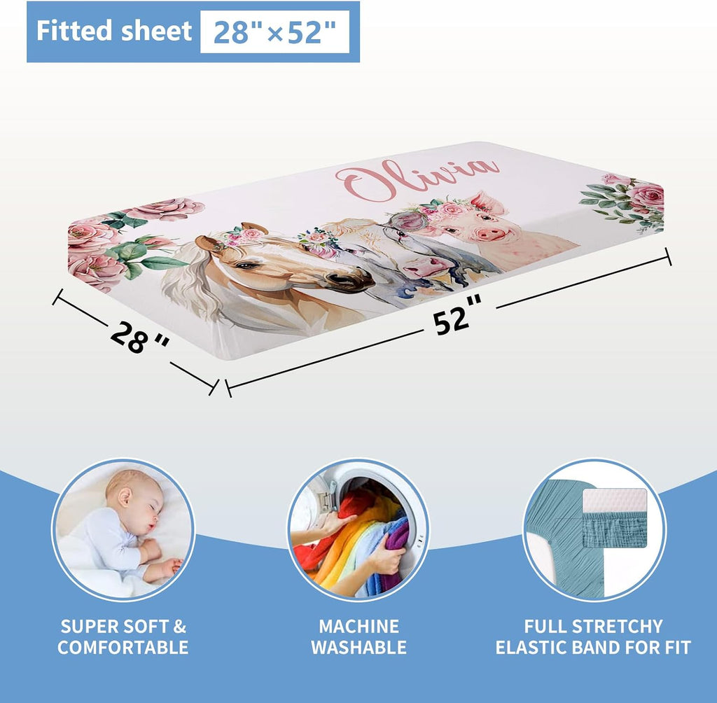KAINSY Personalized Floral Animal Crib Bedding Set, 5 Pcs Custom Baby Crib Set with Name, Double Layer Nursery Bedding Set, Soft Baby Bedding Crib Set for Girls, Customized Gift for Toddler Infant