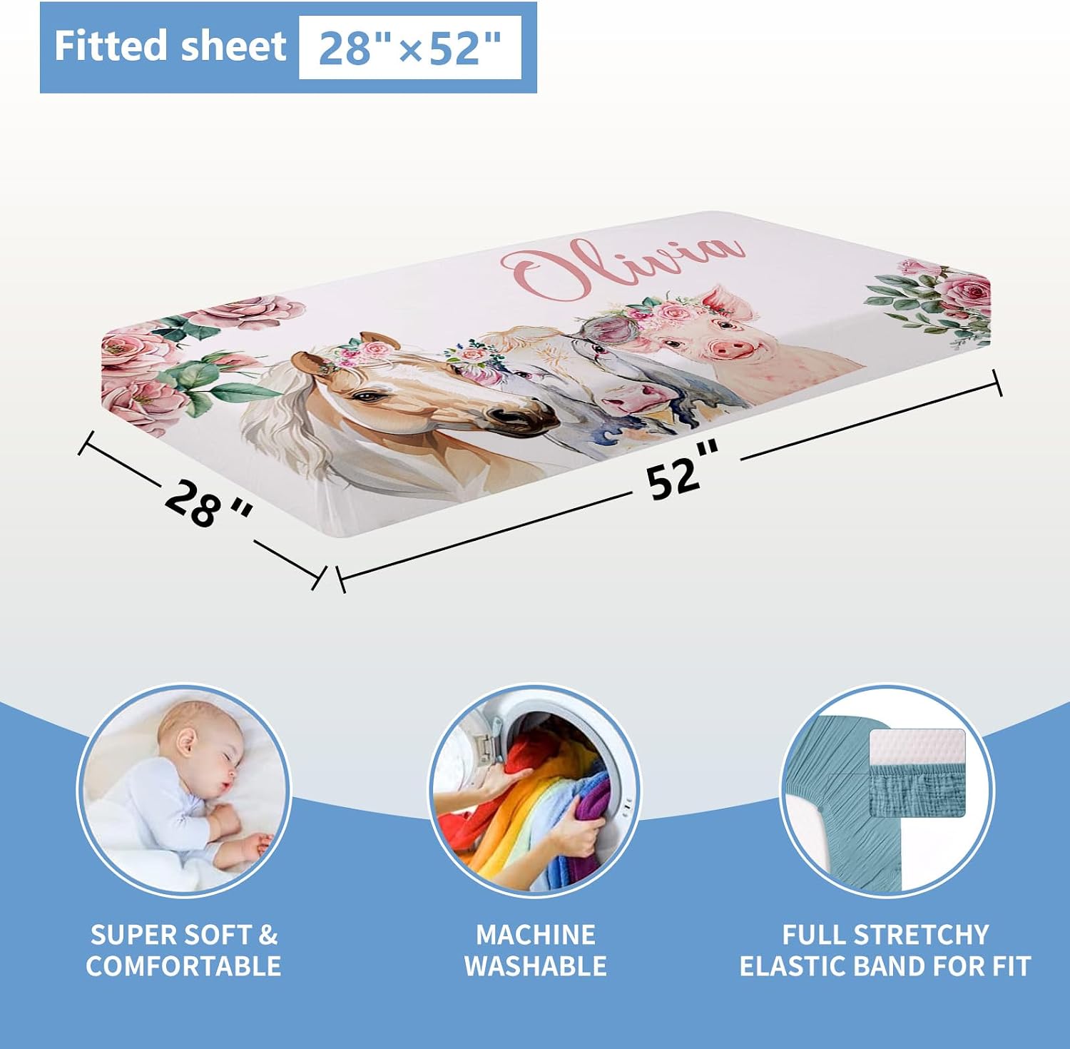 KAINSY Personalized Floral Animal Crib Bedding Set, 5 Pcs Custom Baby Crib Set with Name, Double Layer Nursery Bedding Set, Soft Baby Bedding Crib Set for Girls, Customized Gift for Toddler Infant