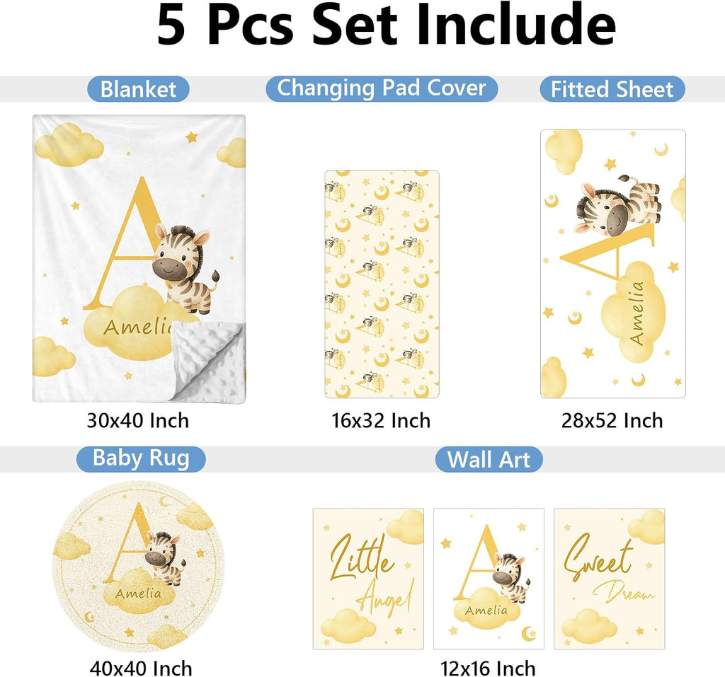 KAINSY Custom Crib Bedding Set, 5 Pcs Personalized Name Monogram Baby Crib Sets for Infants Toddlers, Yellow Zebra Nursery Bedding Set for Boys Girls, Double Layer Baby Bedding Sets Customized Gifts
