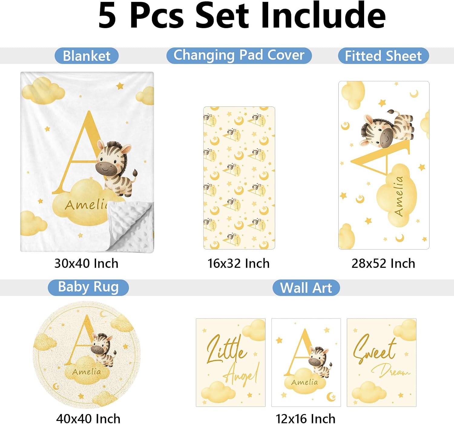 KAINSY Custom Crib Bedding Set, 5 Pcs Personalized Name Monogram Baby Crib Sets for Infants Toddlers, Yellow Zebra Nursery Bedding Set for Boys Girls, Double Layer Baby Bedding Sets Customized Gifts