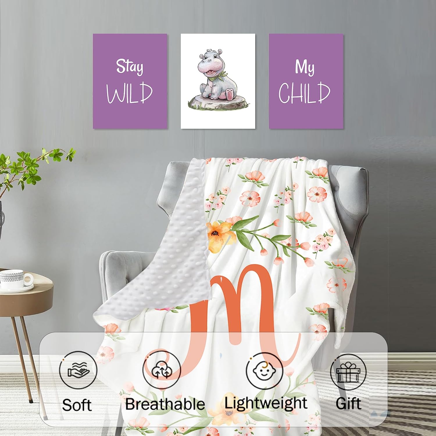 Personalized Crib Bedding Set for Baby Girls, Purple Hippo Pattern Custom Name Baby Crib Sets 5-Pcs, Double Layer Baby Blanket Fitted Sheet Changing Pad Cover Rug Wall Art Set