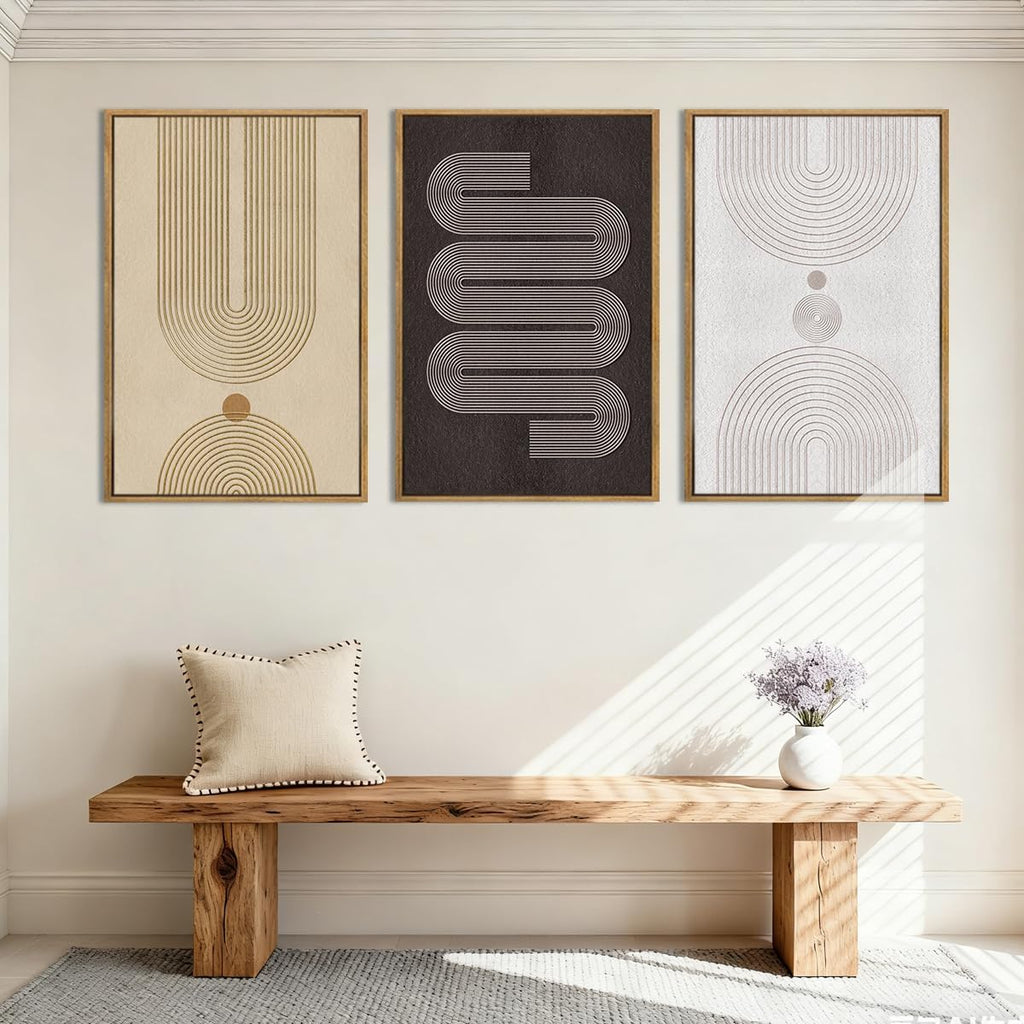 Anyzal Extra Large Modern Neutral Framed Wall Art 24x36 Inch Black Abstract Canvas Wall Decor Beige Boho Geometric Artwork for Living Room Bedroom Dining Room Set of 3