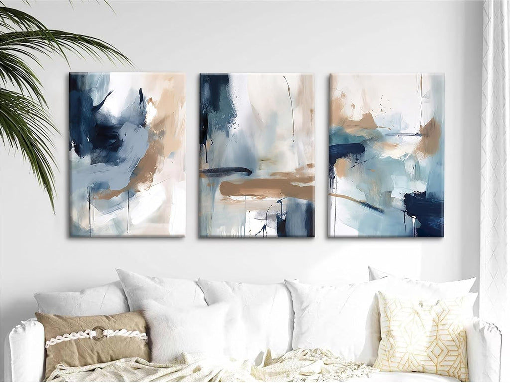 Navy Blue Pictures Wall Art Abstract Modern Painting Canvas Brown Watercolor Wall Art Decor Abstract Blue Poster Minimalist Graffiti Prints Artwork for Living Room 24x36 Inch Set of 3