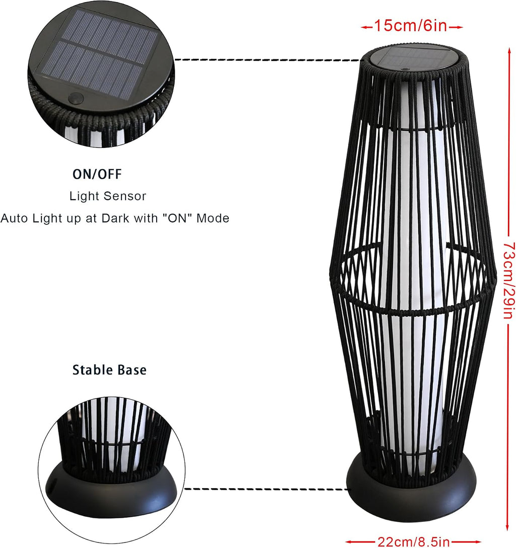TRIROCKS Outdoor Floor Lamp 2 Piece Solar Powered Lantern Wicker Solar Patio Lamp with Olifen Rope Waterproof Rattan Outside Solar Deck Light for Patio Garden Lawn Yard (Black)