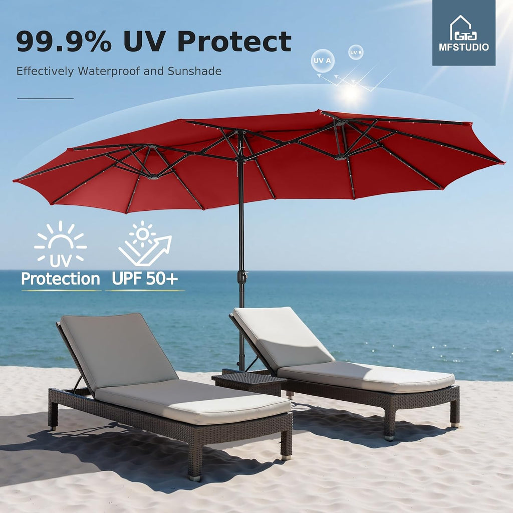 MFSTUDIO 15ft Patio Umbrella with Solar Lights, Outdoor Large Rectangular Umbrellas with Base, Crank Handle and 36 LED Lights for Yard Deck Pool, Burgundy Red