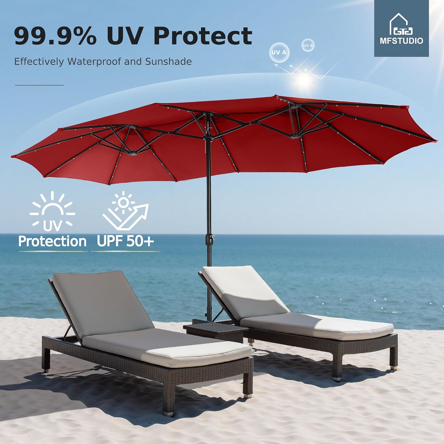 MFSTUDIO 15ft Patio Umbrella with Solar Lights, Outdoor Large Rectangular Umbrellas with Base, Crank Handle and 36 LED Lights for Yard Deck Pool, Burgundy Red