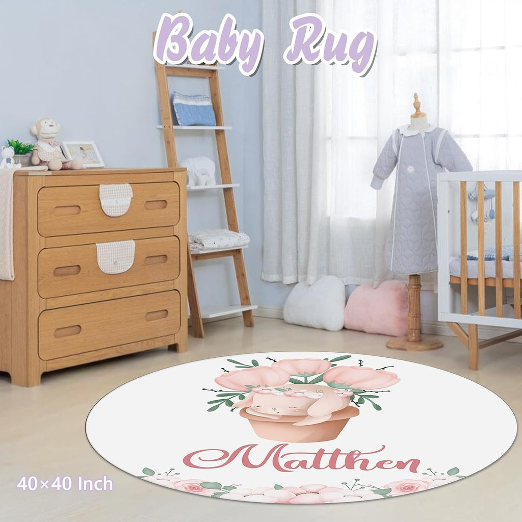 Custom Baby Crib Bedding Set, 5 PCS Personalized Name Baby Crib Sets for Girls Boys, Cute Rabbit Theme Nursery Bedding Sets for Infant Toddler, Double Layer Flannel Bed Set Customized Gifts