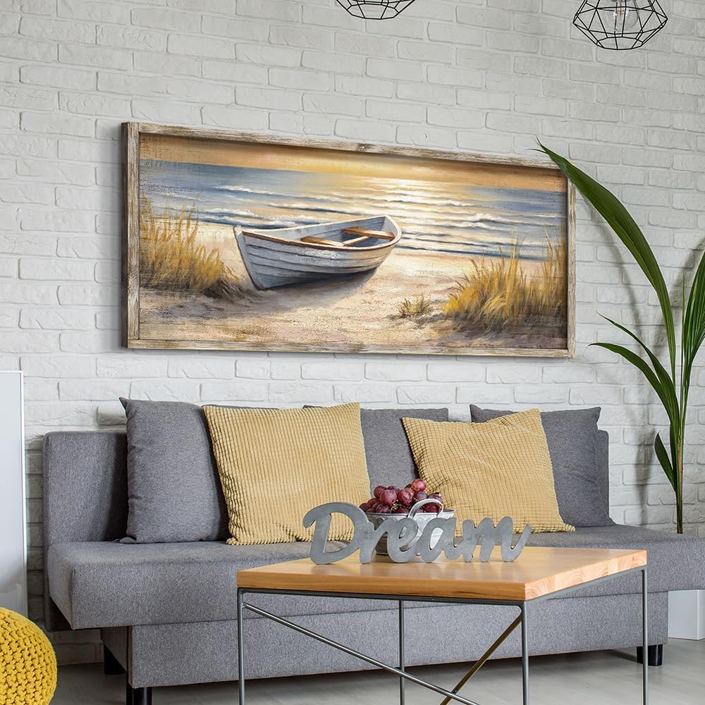 Beach Framed Wall Art Painting: Coastal Ocean Sunset Wooden Artwork Sea Boat Nautical Picture Seaside Seashore Seascape Print Decor for Bedroom Living Room Office