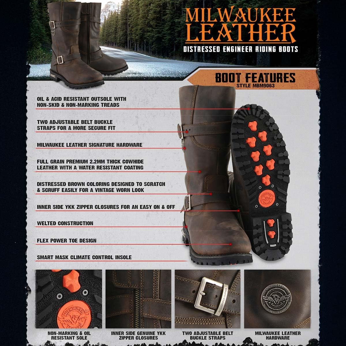 Milwaukee Leather MBM9063 Men's Classic Distressed Brown Leather Motorcycle Engineer Riding Biker Boots - 7