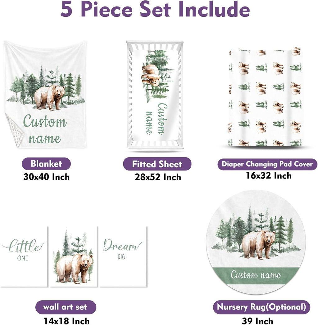 Personalized Baby Crib Bedding Set, 5-Piece Brown Bear Design Baby Crib Sets with Custom Name, Toddler Double Layer Blanket Fitted Sheets Changing Pad Cover Rug Wall Art Set, Charming Nursery Decor