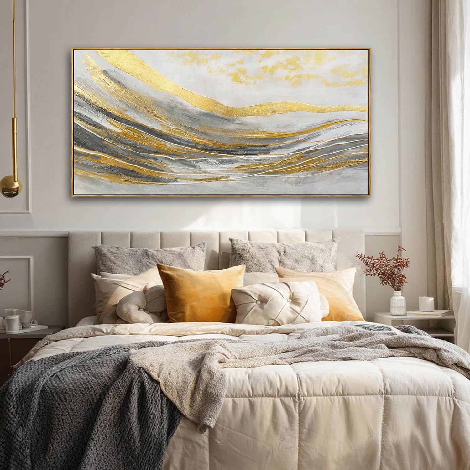 Artexist Abstract Wall Decor Modern Canvas Poster Gold Foil Wood Wall Art 24'x48' Pictures for Bedroom Wall Posters for Dining Room Area