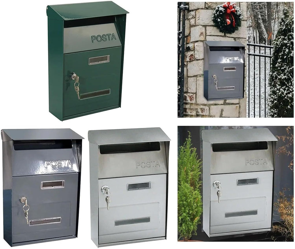Garden Mailbox Hanging Post Office Box Wall Mount Drop Box Outdoor Letter Delivery Box with Key Lockable Curbside Mailbox Vintage(Grey)