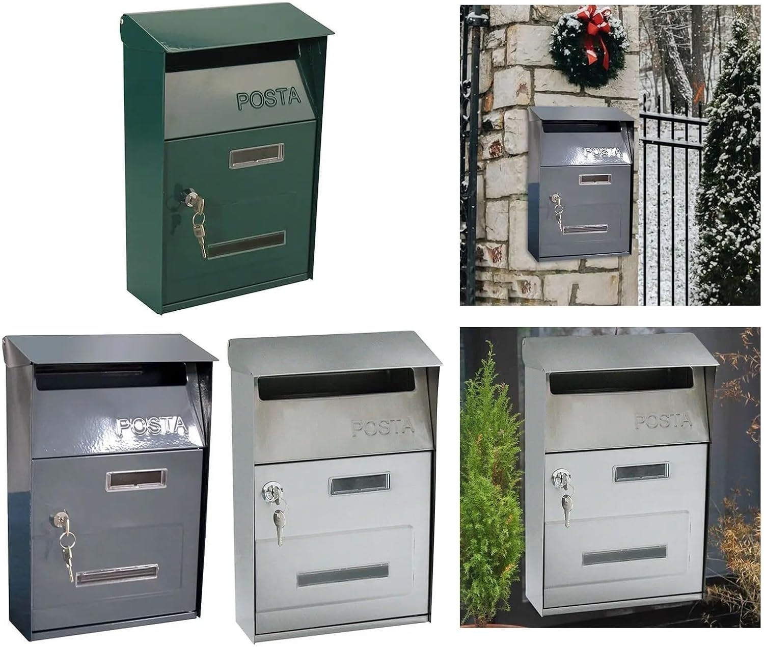 Garden Mailbox Hanging Post Office Box Wall Mount Drop Box Outdoor Letter Delivery Box with Key Lockable Curbside Mailbox Vintage(Grey)