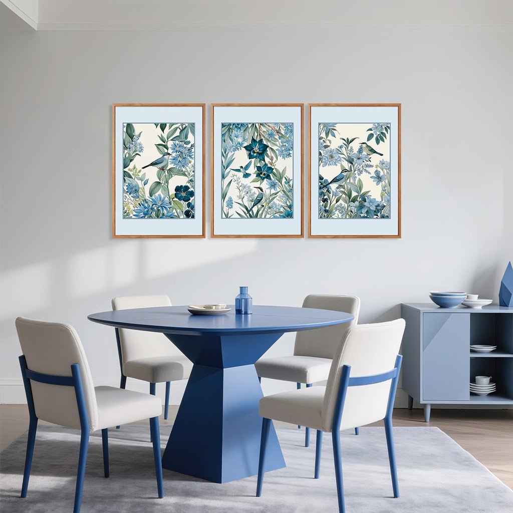 Aurlan Vintage Blue Birds and Botanical Framed Wall Art(24'x36'), 3PCS Classic Chinoiserie Audubon Bird Canvas Artwork, Large Abstract Watercolor Flowers Floral Home Decor for Bedroom Living Room