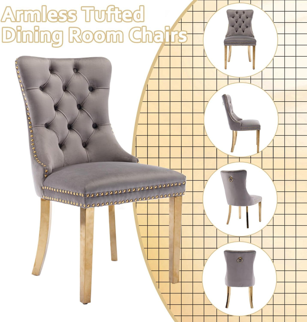 2 Piece Contemporary Velvet Upholstered Dining Chair with Chrome Stainless Steel Plating Legs, Nail Head Decro, Armless Tufted Dining Chair Fabric Dining Room Chair (Gray&Gold, Set of 2)