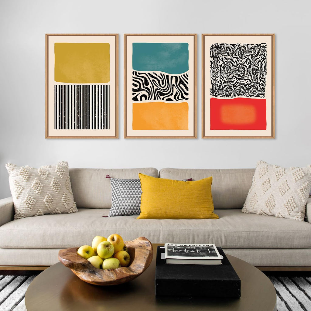 HLNIUC Large Mid Century Modern Wall Art Framed 24x36, Boho Abstract 3 Piece Canvas Decor, Mcm Vintage Bohemian Color Block Painting, Geometric Line Art Print for Living Room, Bedroom, Office