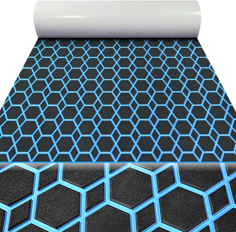 98.4'X43.31' Diamonds and Hexagons EVA Self-Adhesive Boat Flooring and Decorative Fish for Yacht Pool Boat Flooring Sheet Thick Non-Skid mat (Black and Light Blue, 102.3'X38.58')
