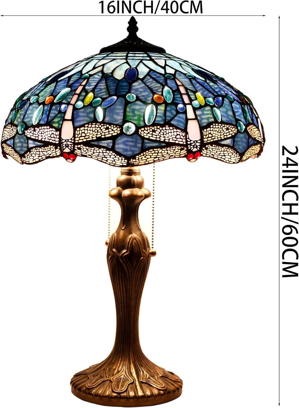 WERFACTORY Tiffany Lamp Blue Stained Glass Dragonfly Style Bedside Table Lamp 16X16X24 Inch Desk Reading Light Metal Base Decor Bedroom Living Room Home Office S631 Series