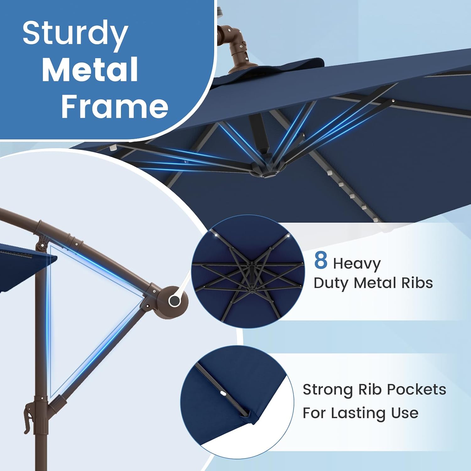 Tangkula 10FT Offset Patio Umbrella with Base Included, Outdoor Cantilever Umbrella with 40 Solar LED Lights, Tilt Adjustment, Crank Handle, Vented Top, Sand Bags for Pool Yard Deck (Navy)