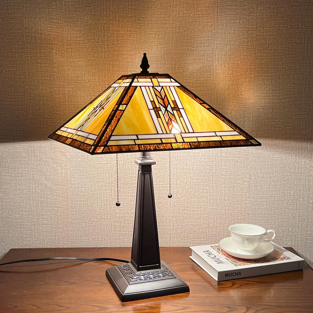 Tiffany Table Lamp,Mission Style Stained Glass Table Light,Antique Style 16 inch Large Desk Lamp,2 Lights Vintage Beside Reading Lamp for Living Room Bedroom Office