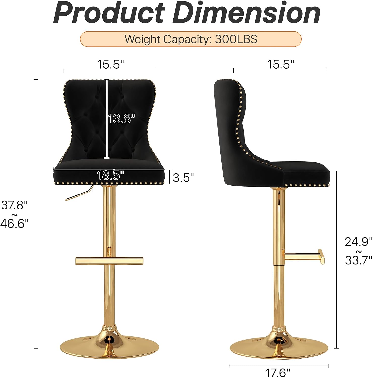 Velvet Tufted Barstools Set of 4, Swivel Counter Chairs with Diamond Lattice Back, Height Adjustable Seat with Rivet Trim Metal Pull, Elegant Design, Black
