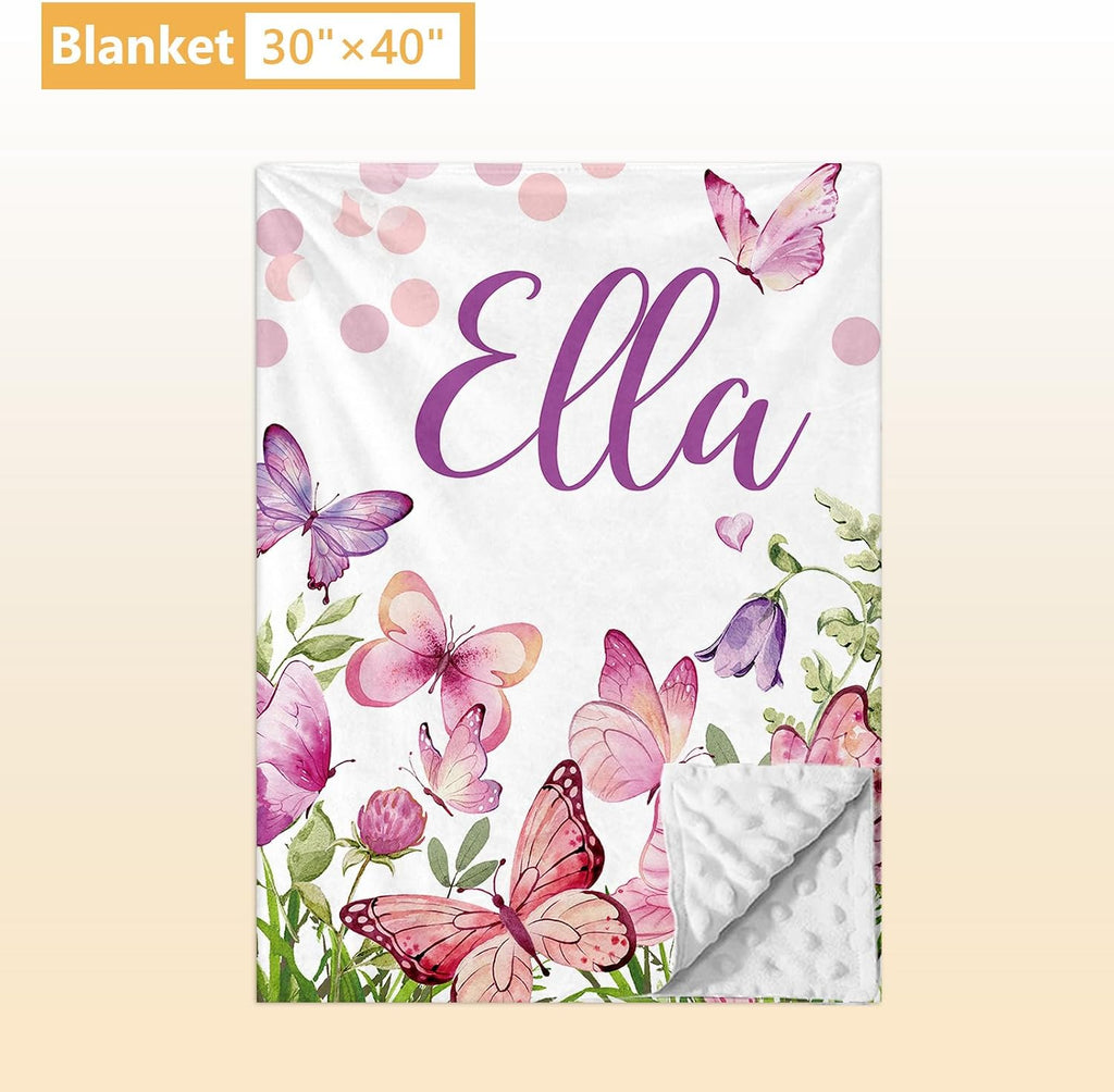 Terwex Personalized Baby Bedding Set, 5 Pcs Custom Infants Bedding Set with Infant Name, Double Layer Nursery Crib Set for Girls Boys, Customized Gifts for Toddler Baby Shower, Pink & Purple Butterfly