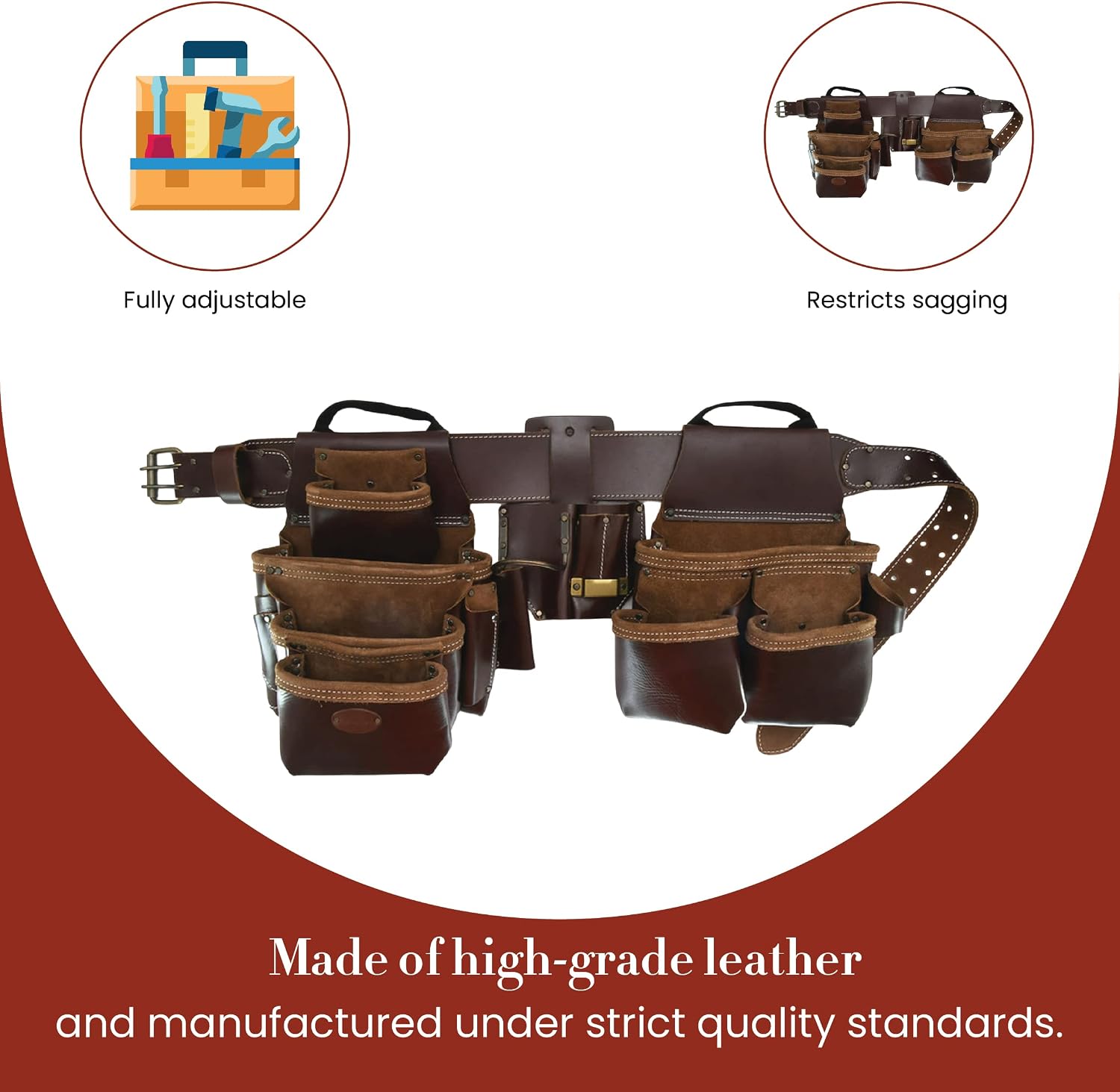 Style n Craft 4-Piece and 22-Pocket Pro Framer's Combo, Tool Belt with 2 Tool Pouches, a 4-Pocket Multi-Tool Holder, and 1 Leather Hammer Loop, Full-Grain Leather Carpenter Tool Belt, Dark Tan (98454)