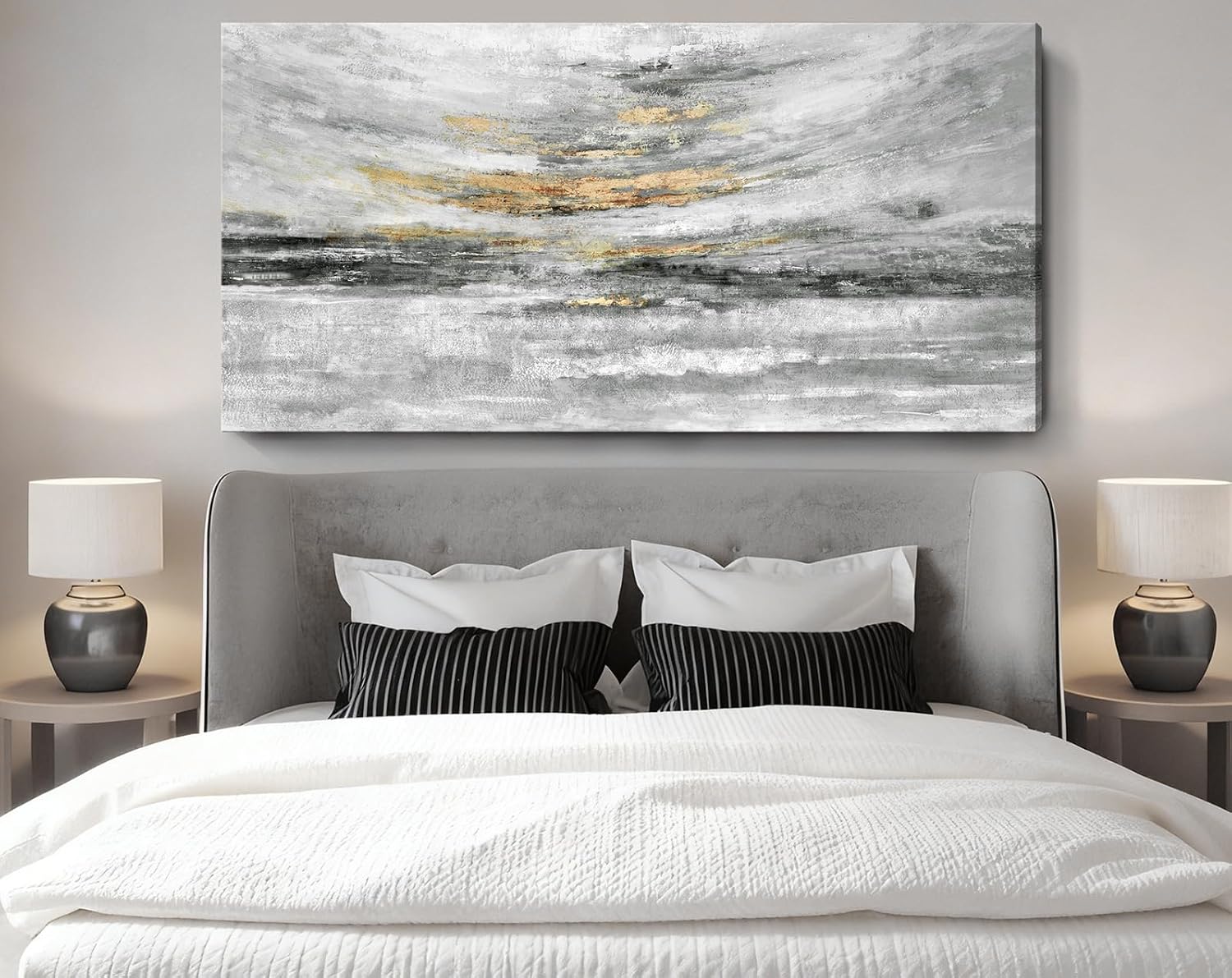 Nicetop 58x29' Modern Minimalist Black & White Abstract Coastal Wall Art with Metallic Gold Accents – Gallery Wrapped Abstract Ocean Waves & Clouds Canvas Art, Ready to Hang for Living Room Wall Decor, Bedroom Wall Art & Office Wall Decor