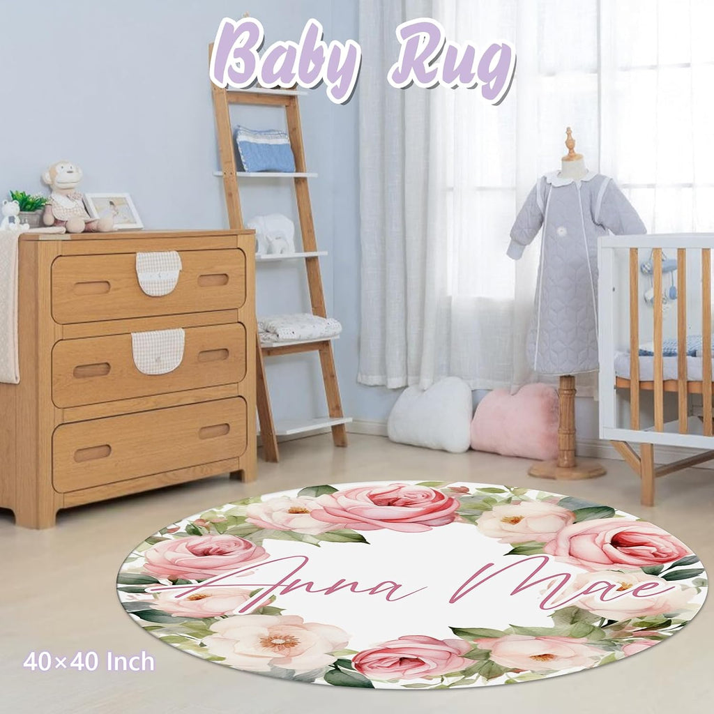 Custom Baby Crib Bedding Set, 5 PCS Personalized Name Baby Crib Sets for Girls Boys, Pink Flower Theme Nursery Bedding Sets for Infant Toddler, Double Layer Flannel Bed Set Customized Gifts