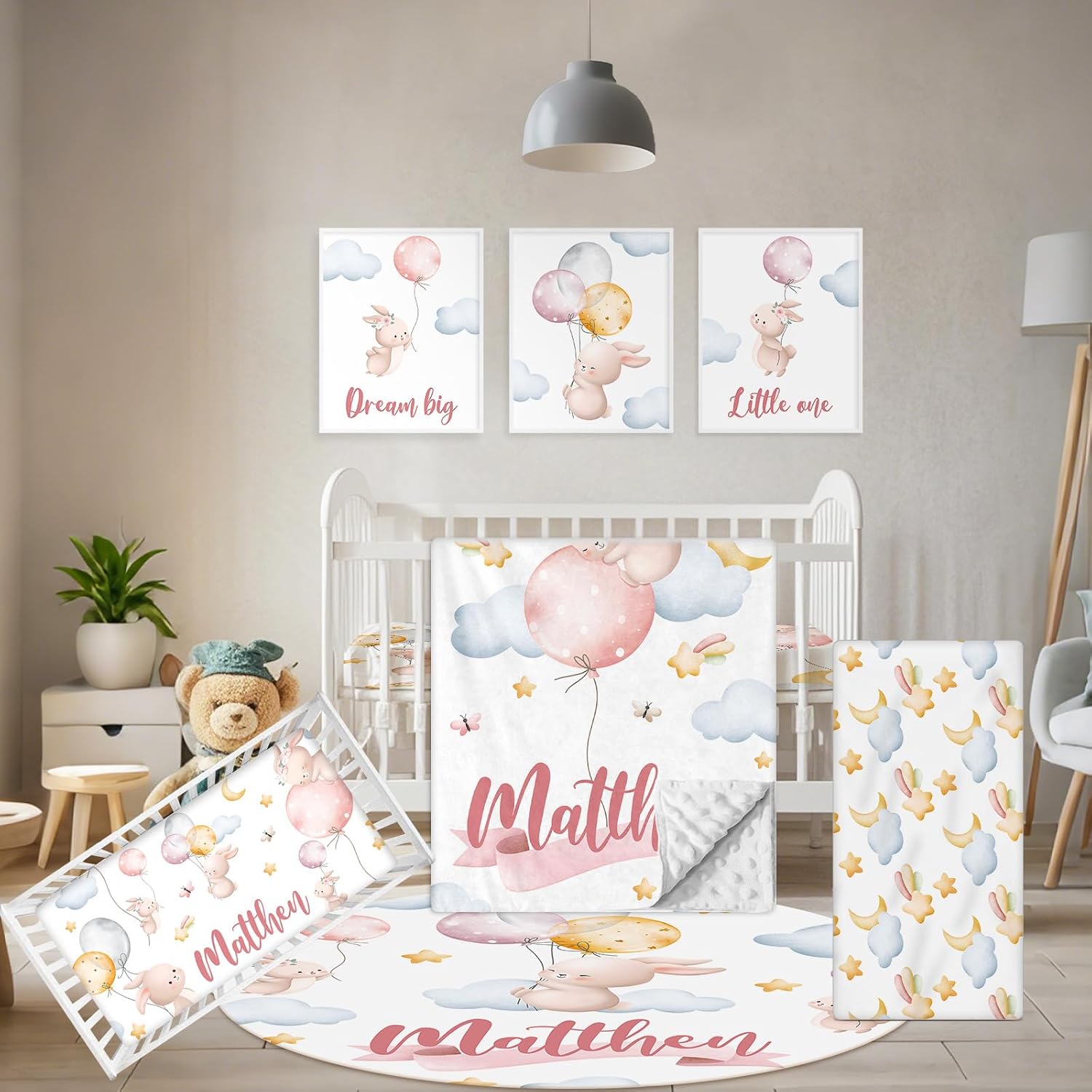 Terwex Personalized Baby Crib Bedding Set, 5 Pcs Custom Name Baby Crib Set with Double Layer Blanket, Soft Balloon Bunny Nursery Bedding Set for Girls Boys, Customized Gifts for Infants Toddlers