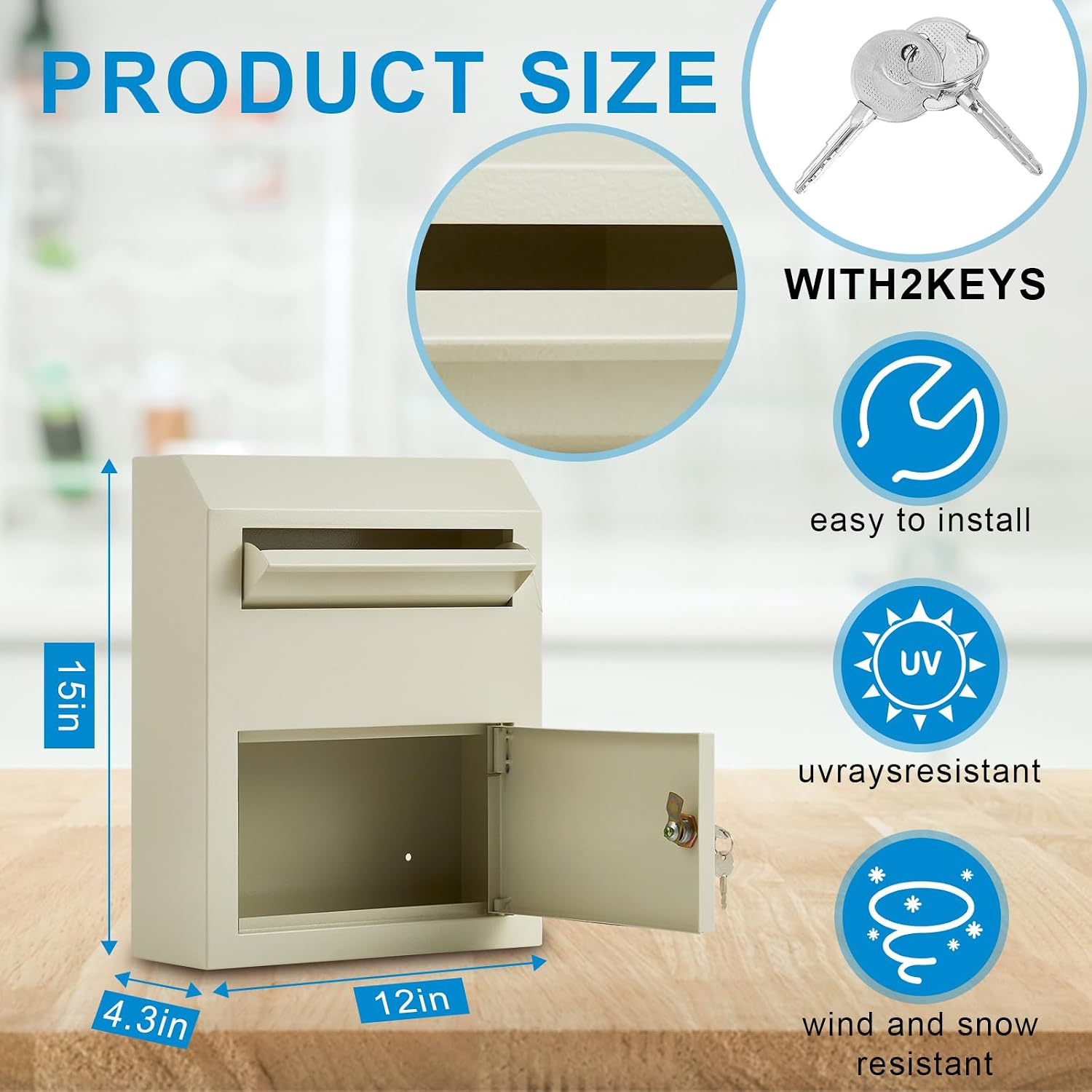 Wall Mount Mailbox for Outside, Locking Key Lock Security Mailbox, 12 x 4.5 x 15 Inch Steel Metal Post Box, Key Drop Box for House Office, White