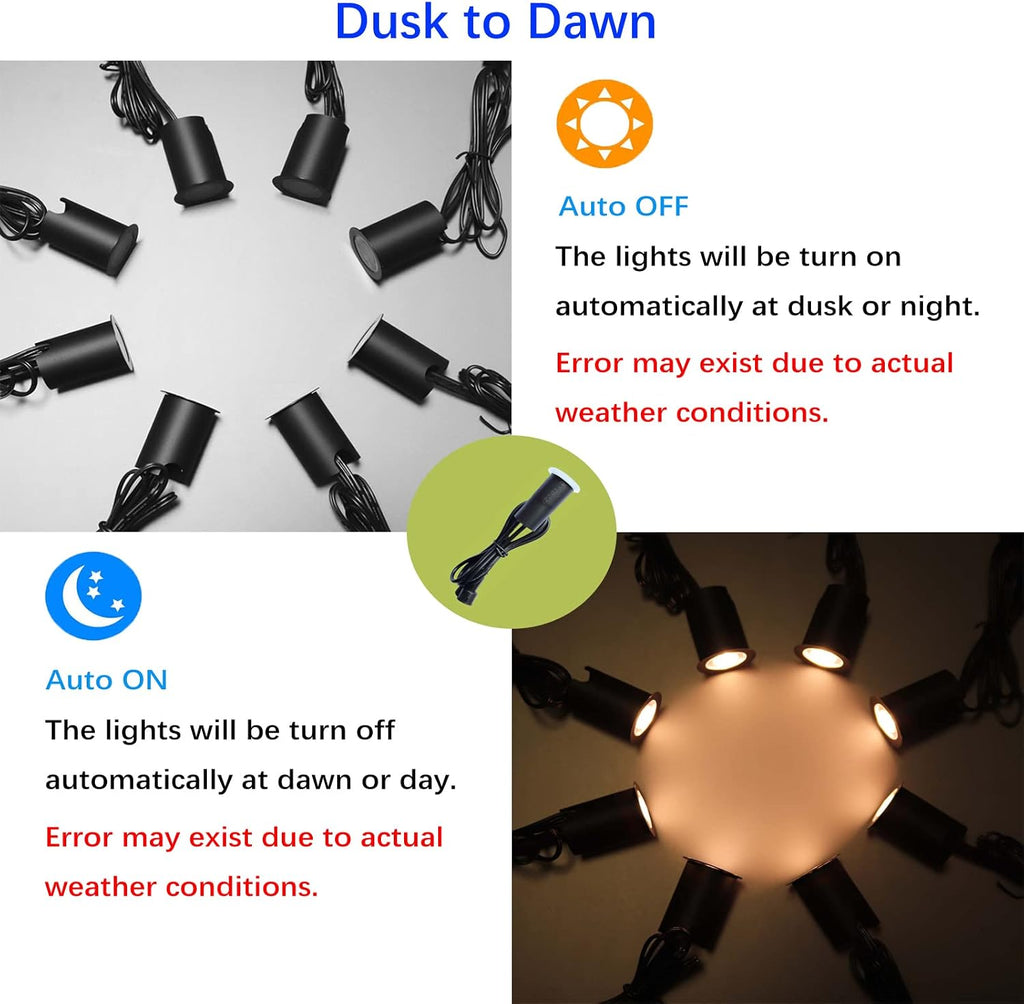 Deck Lights with Photocell and Protecting Shell, Warm White Φ1.18in Low Voltage 12V DC IP67 Waterproof, Electric Wired Round Recessed LED Outdoor Stair Step Landscape Lighting, 16 Pack Black