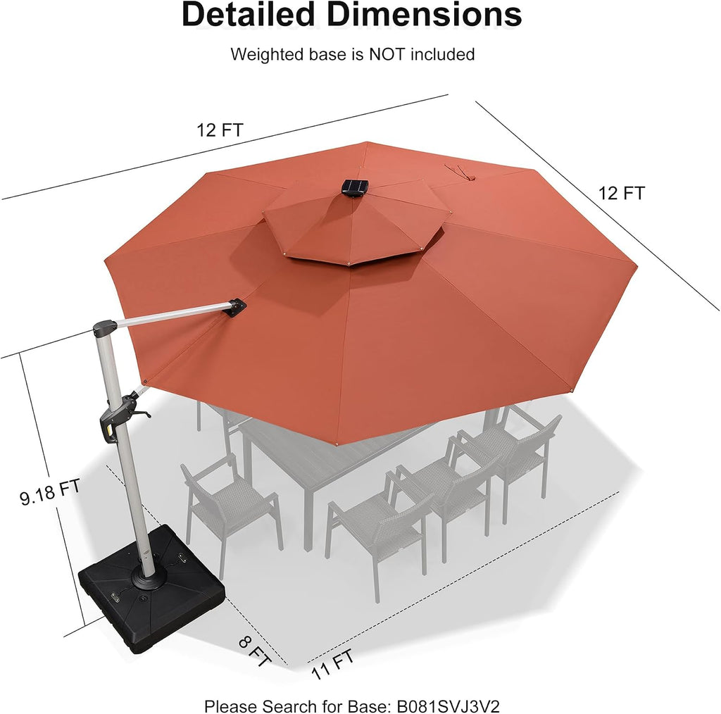 PURPLE LEAF 12ft Solar powered LED Patio Umbrella Outdoor Round Large Cantilever Umbrella with LED lights Windproof for Garden Deck Pool Patio, Brick Red
