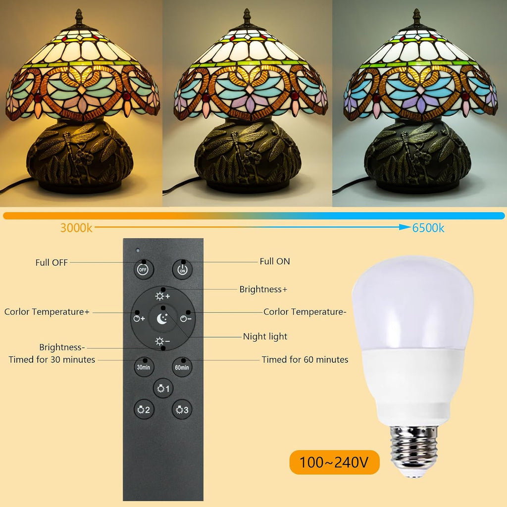 Tiffany Table Lamp,12 Inch Stained Glass Table Lamp,Mushroom Style Vintage Desk Lights Included E26 LED with Remote Control for Bedside,Bedroom,Living Room(Red Star Baroque)