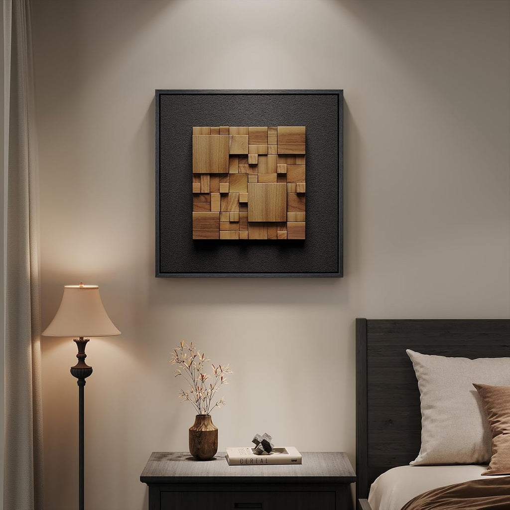 Framed 3D Textured Wood Abstract Wall Art Decor for Living Room, Modern Square Geometric Wooden Artwork for Walls, Minimalist Black Sandstone Wall Decor for Hallway, Kitchen, Bedroom, Office, 20x20
