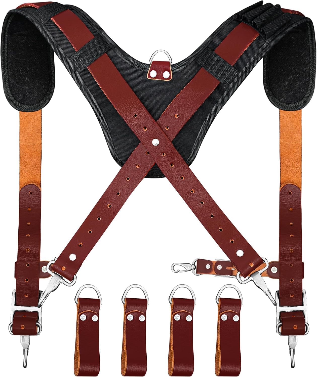 FUERI Leather Tool Belts with Suspender for Men, Heavy-Duty Durable Carpenter Tool Rig Organizer With 19 Pockets-2 Pouches, Padded Suspender, Hammer Holder, D-Loops & Foam-Padded Belt Electricians