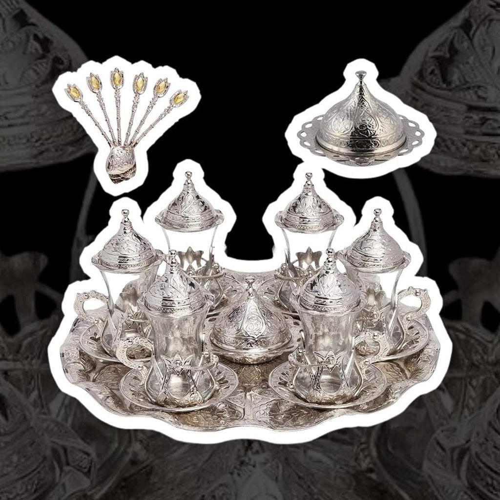 Alisveristime Handmade Turkish Tea Water Zamzam Serving Set Glasses Saucer, Tray and Spoon (Silver)