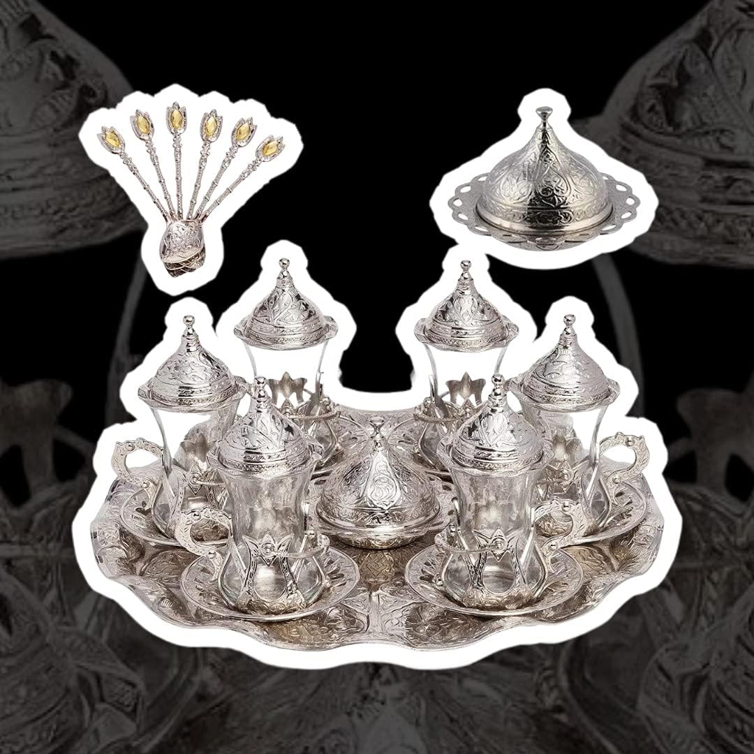 Alisveristime Handmade Turkish Tea Water Zamzam Serving Set Glasses Saucer, Tray and Spoon (Silver)