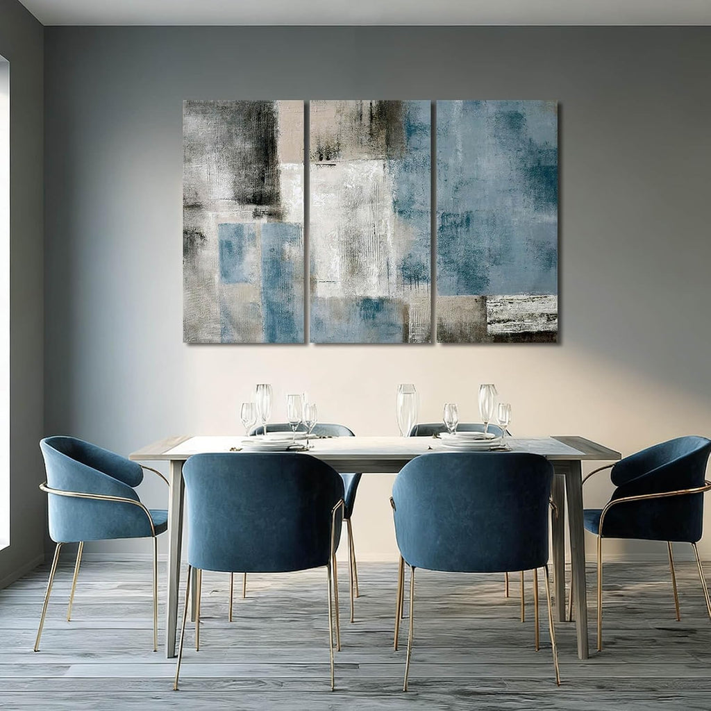 SDYA Blue Abstract Wall Art Set Of 3 Canvas,20x40 Inch Modern Blue Grey Minimalist Painting, Contemporary Wall Decor for Living Room Bedroom Office