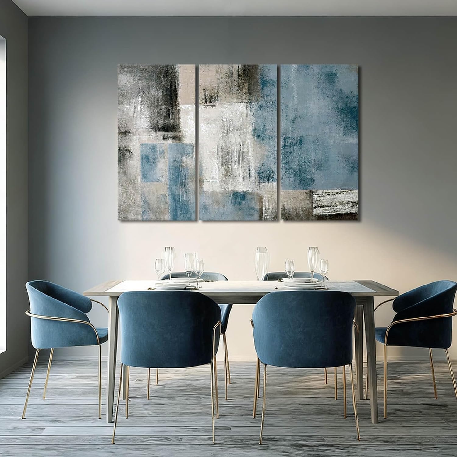 SDYA Blue Abstract Wall Art Set Of 3 Canvas,20x40 Inch Modern Blue Grey Minimalist Painting, Contemporary Wall Decor for Living Room Bedroom Office