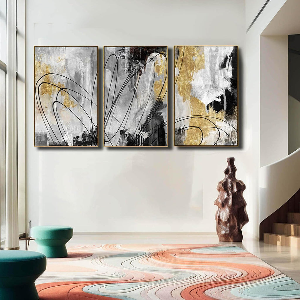 YJYart Gold Wall Art Abstract Wall Art Living Room Decor Black and White Canvas Picture Home Decor Wooden Frame Line Paintings Modern Artwork Office Decor 24'x 36'x 3 Pieces