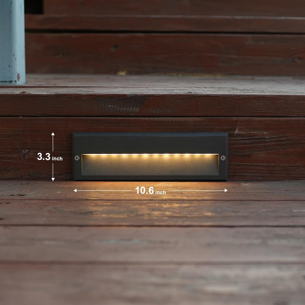 GOODSMANN Low Voltage Step Lights Kits 10.6 Inch Outdoor 12V AC Landscape Stair Lights Wired 8PK 6W LED Electric Outdoor Deck Lighting Black Metal 122 Lumens 3000K Warm White with Cable Connectors