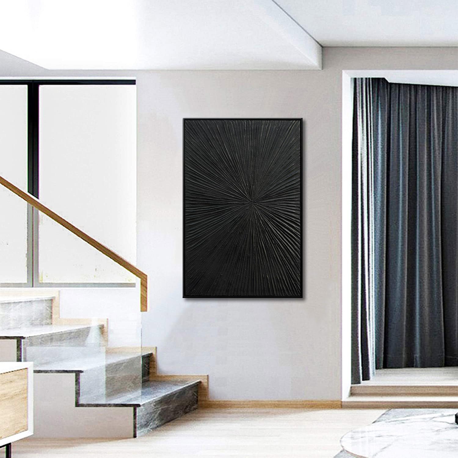 Framed Black Relief Wall Art, Modern Abstract Oil Paintings on Canvas, Quartz Sand Texture Wall Art for Living Room Bedroom Wall Decor