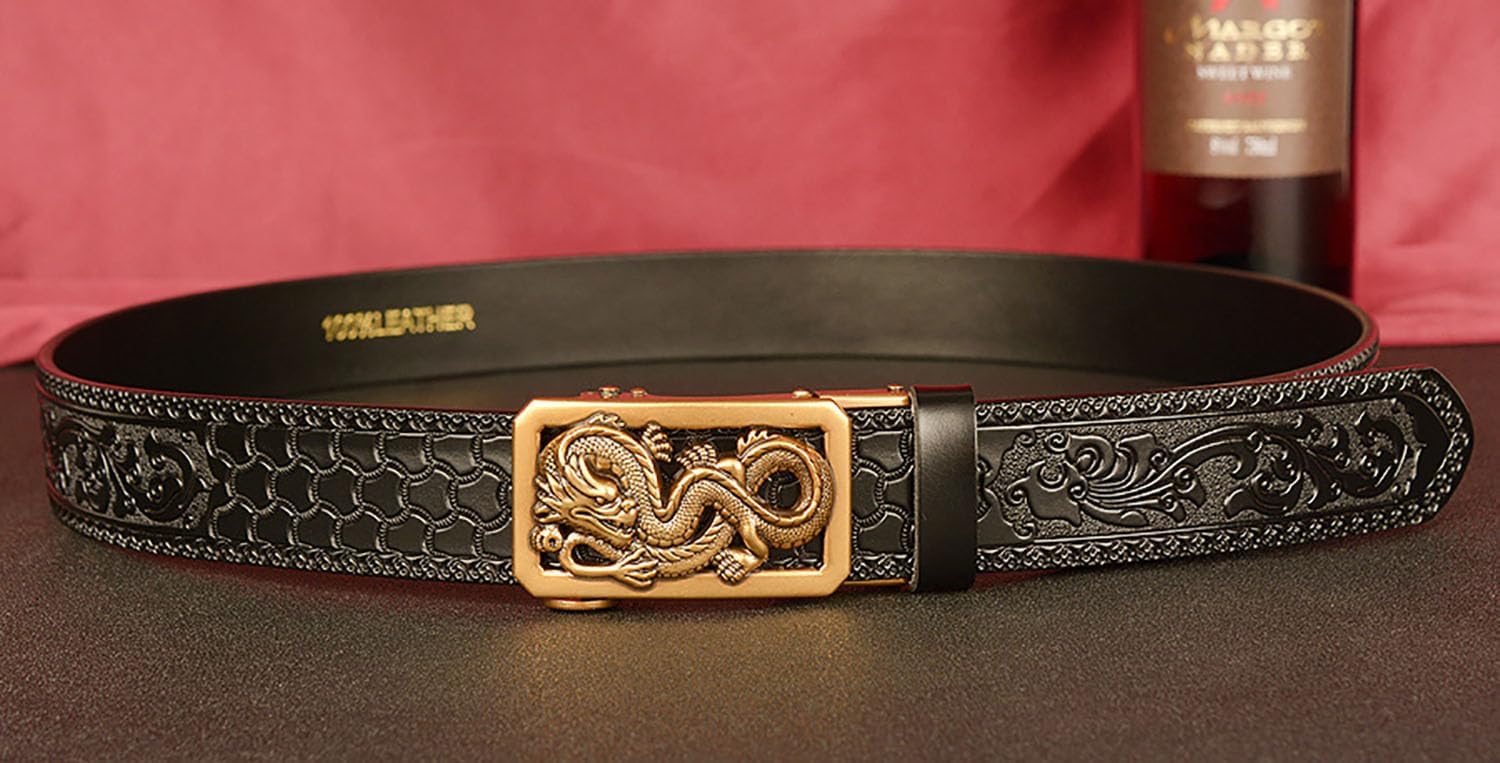 Mens Ratchet Leather Belt, Genuine Leather belts, Engraved Vintage Dragon Eagle Tiger Buckle, Business leisure belt