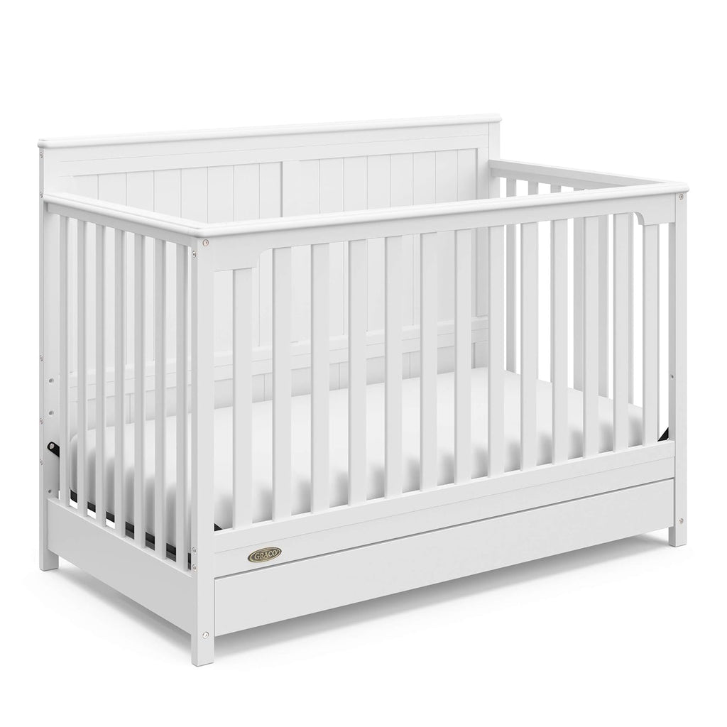 Graco Hadley 5-in-1 Convertible Crib with Drawer – GREENGUARD Gold Certified, Fits Standard Crib Mattress, Converts to Toddler Bed, Daybed and Full Bed, 4 Adjustable Mattress Heights (White)