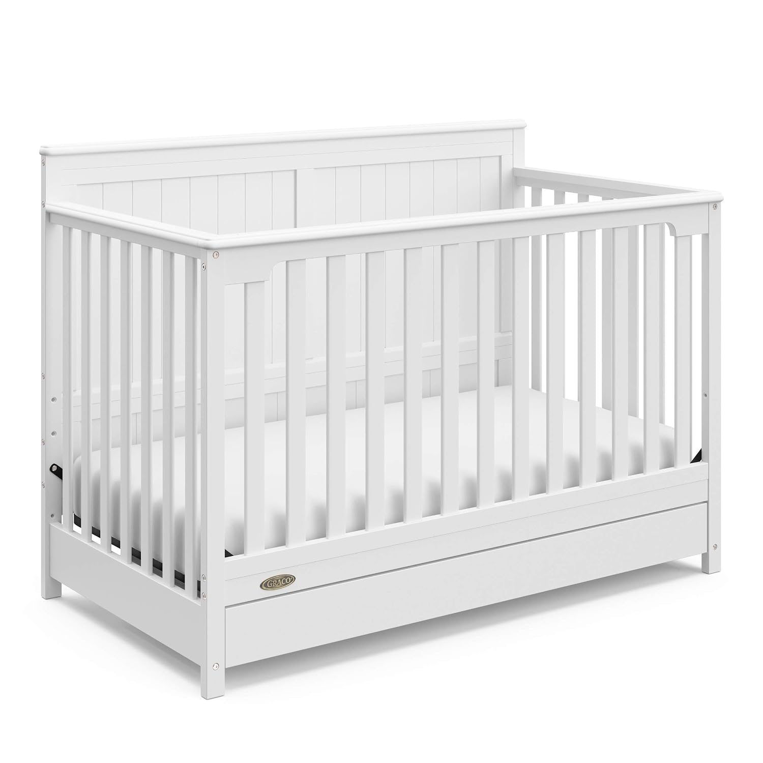 Graco Hadley 5-in-1 Convertible Crib with Drawer – GREENGUARD Gold Certified, Fits Standard Crib Mattress, Converts to Toddler Bed, Daybed and Full Bed, 4 Adjustable Mattress Heights (White)