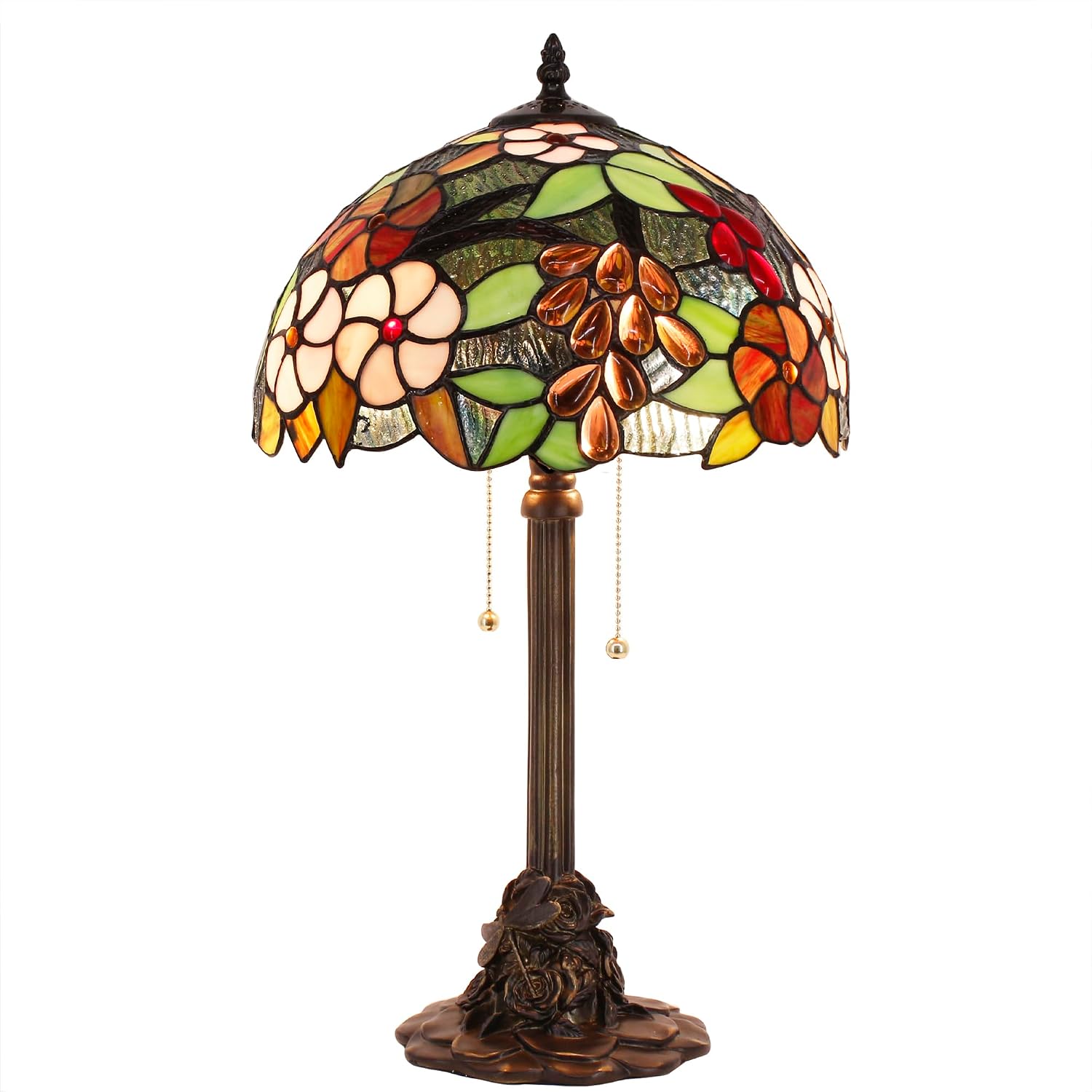 Tiffany Table Lamp Stained Glass Desk Lamp 12X12X21Inch Resin Base for Bedroom Living Room Reading Light (Green Purple Grape)
