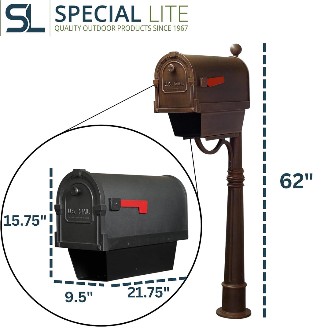 Special Lite Savannah Curbside Mailbox with Paper Tube with Ashland Post - Copper Aluminum Mailbox with Post - SCS2014-SPK600-CP
